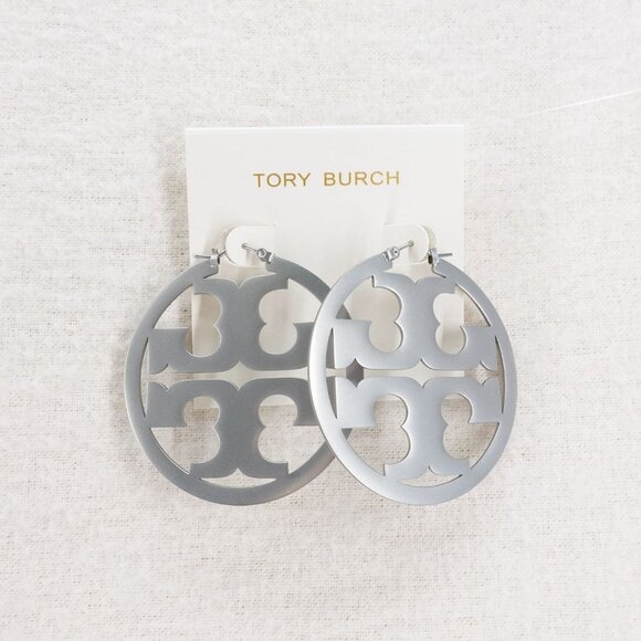 Tory Burch Miller Statement Logo Hoop Earrings Silver OS - Picture 1 of 9